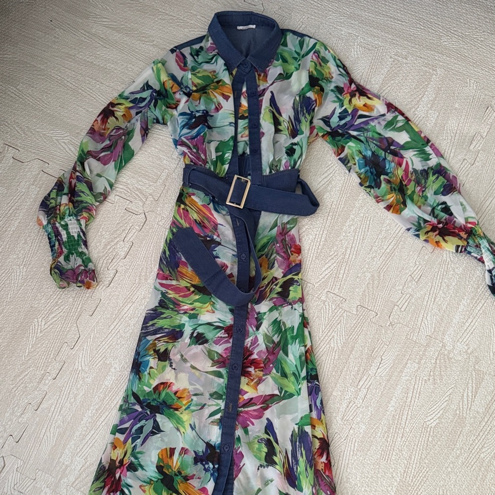 Multicolor Floral Maxi Shirt Dress with Navy Trim and Belt